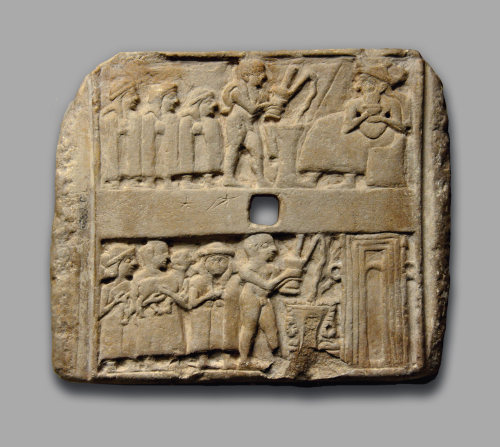 Sumerian wall plaque showing libation scenes (Ur, c. 2500 BC).The upper register of this plaque show