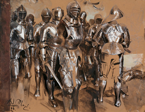 Adolph von Menzel, Standing Suits of Armour, Stehende Rüstungen, 1866. Gouache and pencil on brown p