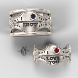thepassioniscomingback:   His and Hers Custom Star Wars Ring Set  These are cool.  I think I would need the ROTJ version where Leia says, “I know” to Han. 
