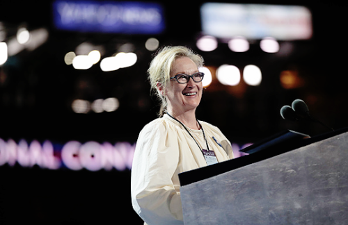 Meryl Streep walks on stage prior to the start of the second day of the Democratic National Conventi