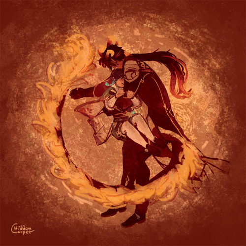 [ID: Genshin Impact fanart. A digital artwork in warm yellow and brown tones depicting Venti and Zho