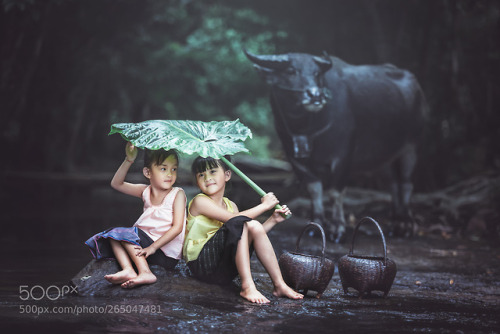 Two Asian beautiful girl plays the water in the river at Thailan