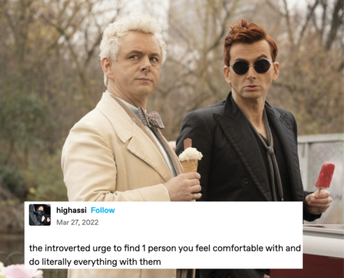 Crowley and Aziraphale in the park, looking to left of frame. Crowley holds a pink popsicle and Aziraphale holds a vanilla ice cream cone + text from user highassi "the introverted urge to find 1 person you feel comfortable with and do literally everything with them"