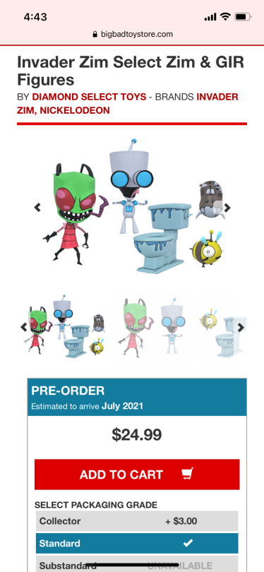 I thought you’d like to know Diamond Select toys is making Zim figures. All sets are 2 packs and we’re finally getting the robot bee!!(heeroyuy008)…torn between knowing i have too many zim toys and wanting that robot bee
