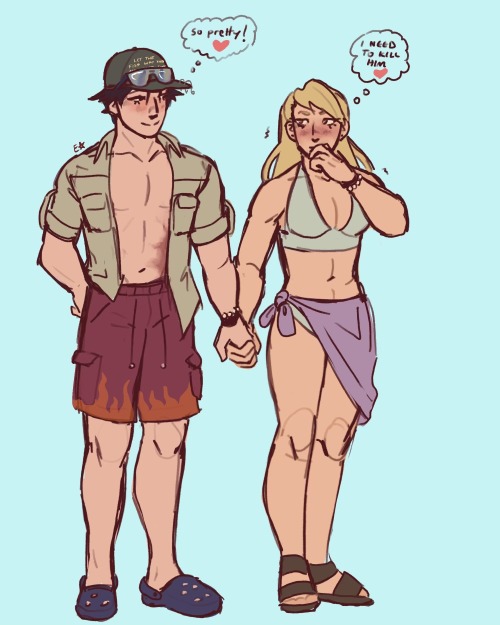 a sketch of Roy and Riza holding hands. Roy is wearing a fishing outfit featuring an open shirt, flame themed swim trunks, crocs, novelty bracelets, and a ball cap with a fish themed slogan on it partially obscured by his sunglasses which are resting on the hat. he smiles fondly and blushes, looking over at Riza. she is wearing a pretty blue two piece swimsuit with a halter top and a purple cover-up tied around her waist. she also wears novelty bracelets and sandals. thought bubbles above them read "so pretty!" with a heart drawn below for Roy, and "I need to kill him" also with a heart for Riza.