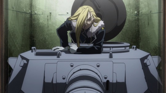 the-swift-tricker:  the-swift-tricker: Captain Buccaneer’s smirk and salute when Major General Olivier Armstrong rolls out of the elevator in a fucking tank is arguable one of the best scenes in Fullmetal Alchemist: Brotherhood 