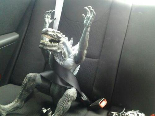 darkriku5:  My friend was walking and found this Godzilla toy in the Trash so he put a shirt on it, named him John, and then took him out to T.G.I. Fridays and then Dinner was on John.  