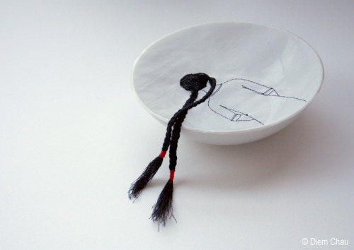 Diem Chau (Vietnamese, b. 1979, Saigon, Vietnam) - 1,2: Long Braid (+ detail)  Porcelain Plate, Silk