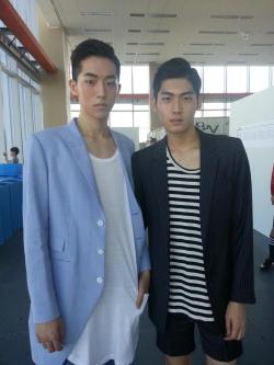 koreanmalemodels:  Nam Joohyuk and Kim Taewan backstage for Munsoo Kwon S/S 2014 fashion show