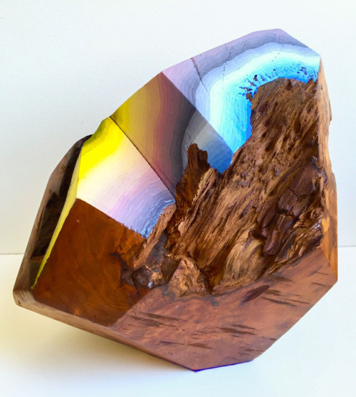 sixpenceee:Artist Victoria Wagner works with large pieces of reclaimed wood sliced into geometric forms and painted to resemble large gemstones.