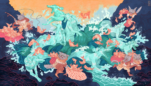 A drawing about cats stealing fish from the sea