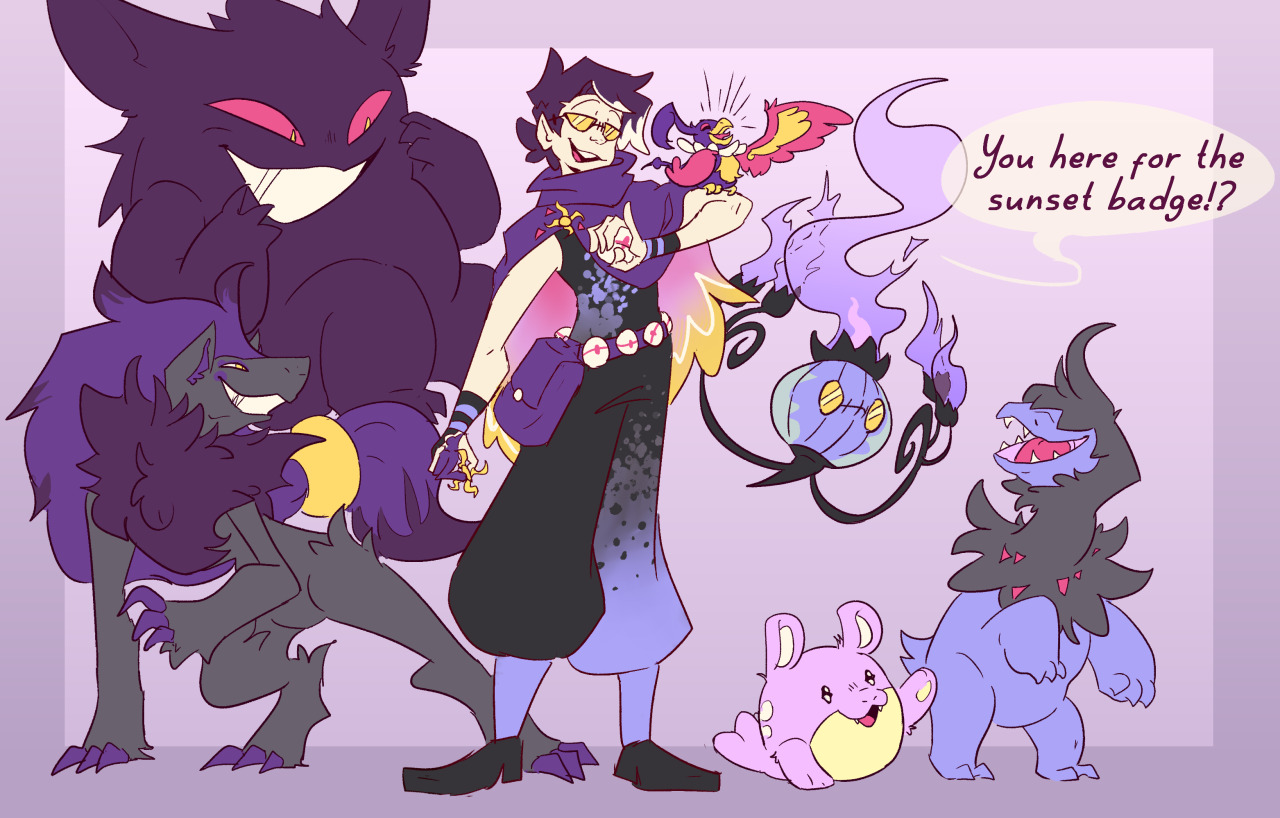 there’s context, but dont worry about it. Gym leader Oc/ pokepersona.didn’t wanna do mono type so color theme instead. #my art#pokemon#gym leader#oc#pokesona#ghost type#sunset badge#Zoroark#gengar#spheal#chandelure#deino#chatot #artist on tumblr