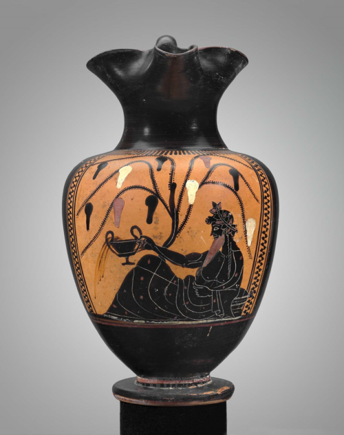 greekromangods: Black Figure Pitcher (oinochoe) with Dionysos Greek; Late Archaic Period, ca. 500–49