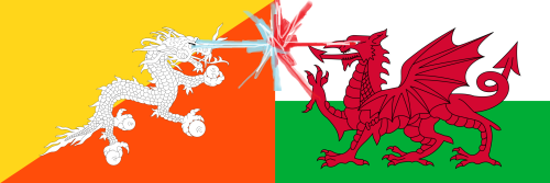 rvexillology:Flag of Bhutan but it’s having a laser fight with Walesfrom /r/vexillologycirclejerk To