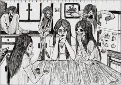 yourgivemepeace:  En la esquina, sentada sobre el mueble está la depresión. Al lado de la depresión está la anorexia. Sentada en la mesa con pastillas en las manos está la ansiedad. En el refrigerador está la bulimia, algo así como comiendo antes