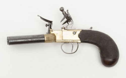 An original English flintlock duckfoot pistol, 18th century.  Signed &ldquo;Tickers-Chester&rdquo;.S
