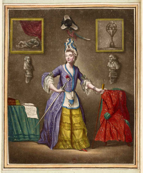 A portrait of the Chevalier d'Eon (1728-1810) in drag at the Bibliotheque Nationale.