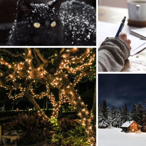 Mood board for The Cat of Yule Cottage. If you’re a fan of folklore, ancient spirits, cottages in th