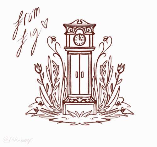 A non-looping GIF of a grandfather clock surrounded by wildflowers. It is signed "From Fig" with a heart. The door of the clock opens, revealing a blue pac-man ghost with hairy feet that falls out and runs off screen.