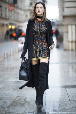 alessandrasbeijos:  Alessandra Ambrosio is wearing a dress from Versace Couture, Baja East cardigan, Gianvito Rossi boots, Versace bag, and Linda Farrow sunglasses, Shay jewelry suede choker seen in the streets in Paris on March 4, 2016 in Paris, France