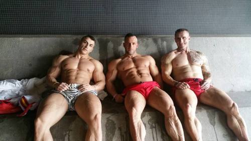 welcometomuscleville:  Just three guys. Hanging on a concrete slab. With their slab abs on display.