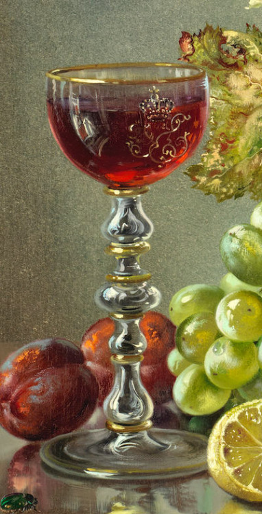 antoniettabrandeisova: Still life of fruit, vine leaves and a glass ewer (detail), Cecil Kennedy (Br