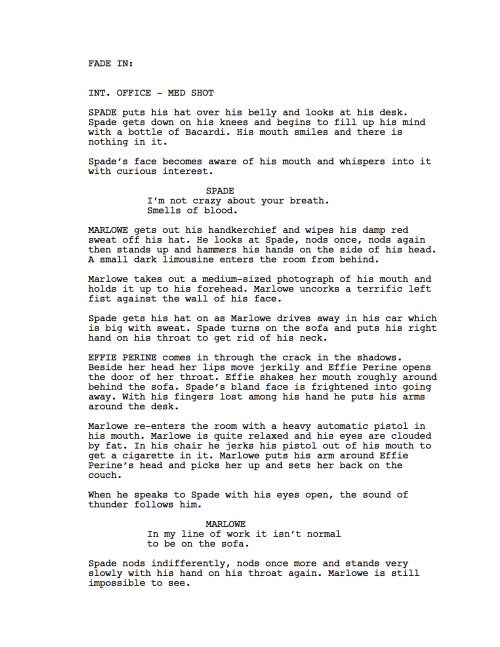 film noir scenewritten using a predictive text interfacesource: screenplays for ‘the maltese falcon’