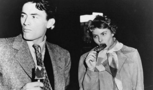 wehadfacesthen:Gregory Peck and Ingrid Bergman taking a break during the filming of Alfred Hitchcock