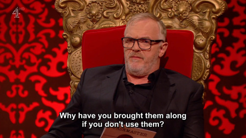 [ID: Six screencaps from Taskmaster. Greg Davies asks Katherine Parkinson, “Katherine, bedding. What