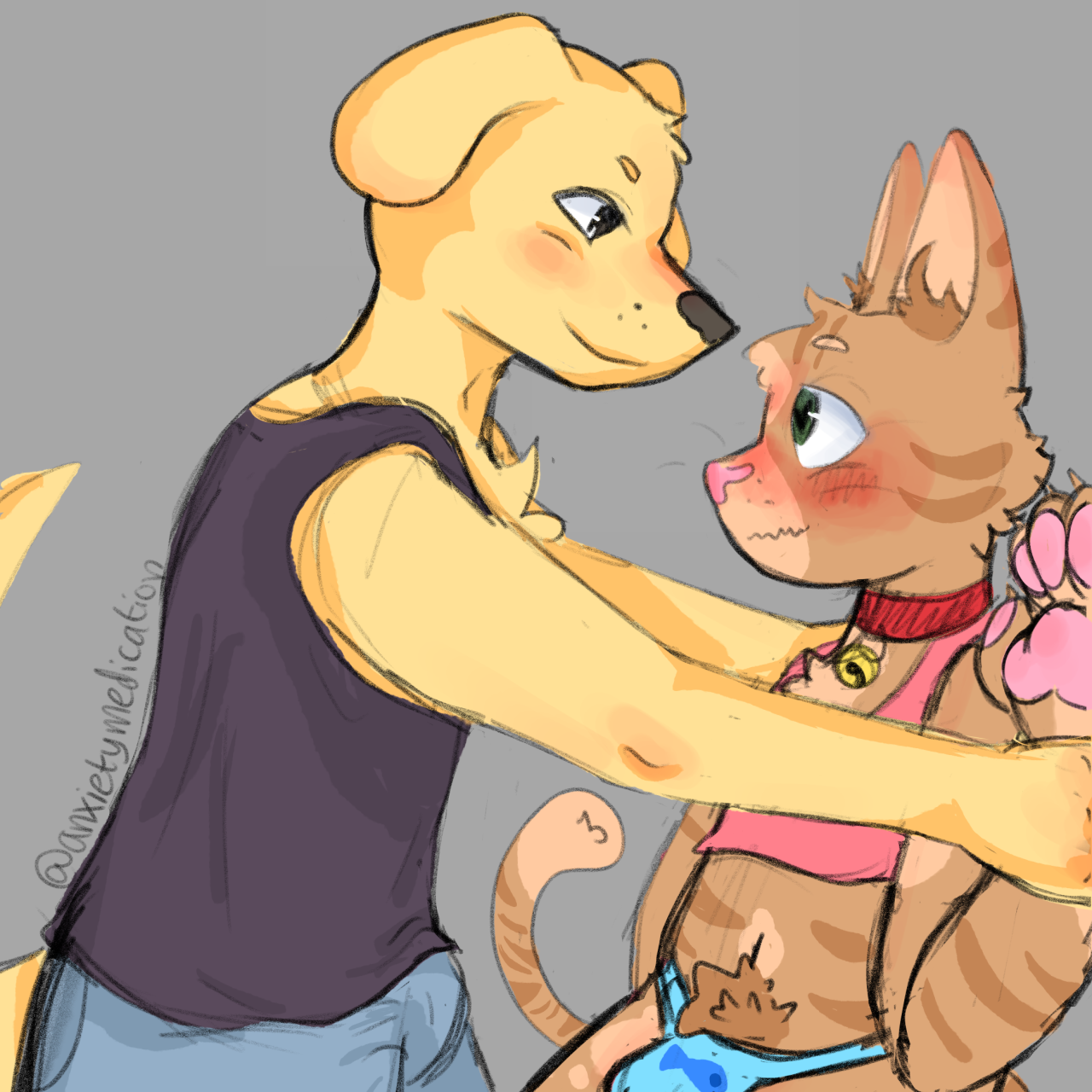 an anthro dog cornering an anthro cat in just a jockstrap. the cat is tabby, and quite flustered. the dog is a golden retriever and has lust in his eyes.