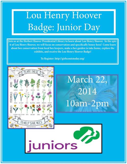 usnatarchives:
“ Join us for Girl Scout Junior Day at the Herbert Hoover Presidential Library on March 22.
Our last Lou Henry Hoover badge day sold out, so get your registrations in soon!
http://girlscoutstoday.org/calendar
”