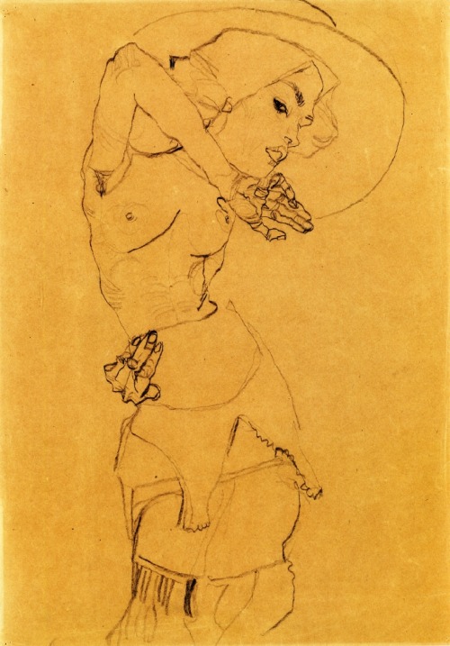 artist-schiele: Standing Nude with Large Hat (Gertrude Schiele), 1910, Egon SchieleMedium: charcoal,