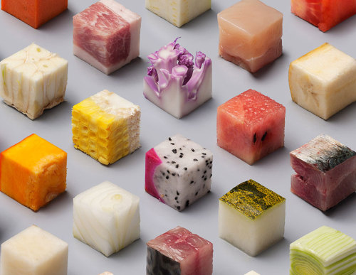 goddessofsecrets: boredpanda: Artists Cut Raw Food Into 98 Perfect Cubes To Make Perfectionists Hung