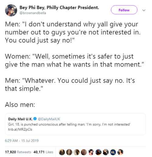 dreamersintherain:  goawfma: you’d be surprised with the number of women who give their numbers out of fear all the fucking time and sure you can give them a fake number but more times than not it goes like this…. man: whats your number Me: ehhhh