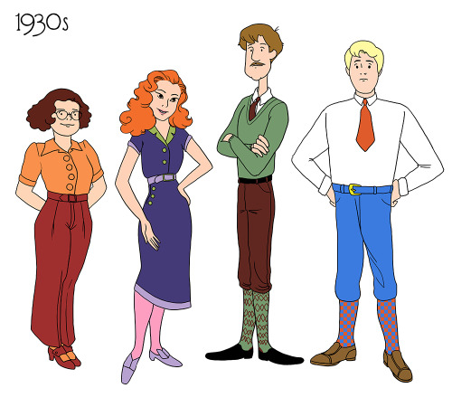 elvisqueso:rocky-horror-shit-show:  gameraboy:  Scooby Gang through the Ages by Julia Wytrazek  So based on the original cartoon:Velma is from the 90sDaphne is from the 50sShaggy is from the 70sFred is from the 20sScooby is not pictured which leads me