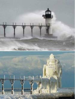 evilbuildingsblog: A lighthouse in Michigan, before and after major ice storm