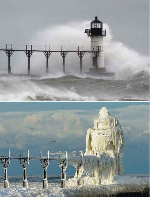 ceescedasticity:evilbuildingsblog:A lighthouse in Michigan, before and after major ice stormI legit 