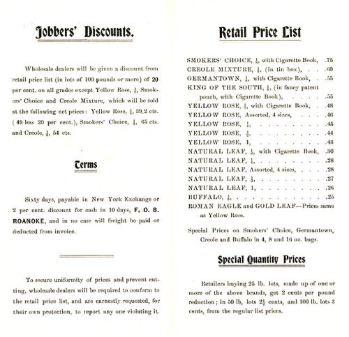 Fishburne tobacco price list, Roanoke, Va.From: Wholesale and retail price-list of R.H. Fishburne &a
