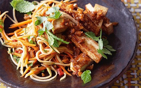 Seared Tofu with Peanut and Tamarind Dressing and Green Mango Salad