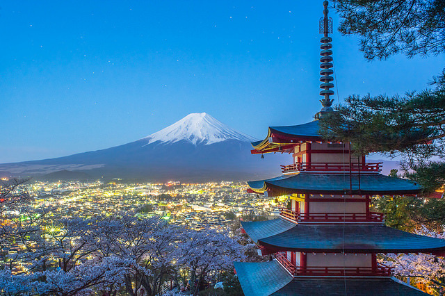 ileftmyheartintokyo:  Mt.Fuji, Sakura, Temple (Night) by @AK1 on Flickr.