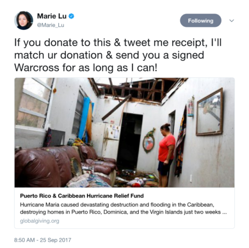 richincolor: A few bookish ways to help fund hurricane and earthquake relief: Donate to the Puerto Rico & Caribbean Hurricane Relief Fund for a signed copy of Marie Lu’s Warcross Donate to hurricane relief to enter a Book Smugglers giveaway featuring