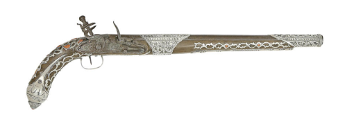 A silver and red coral mounted flintlock pistol originating from Algeria, 19th century.