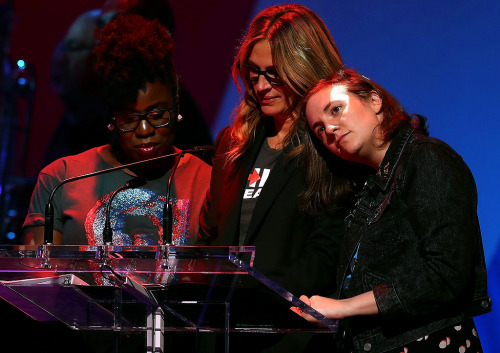 Uzo Aduba, Julia Roberts and Lena Dunham appear on stage during the Hillary Victory Fund - Stronger 