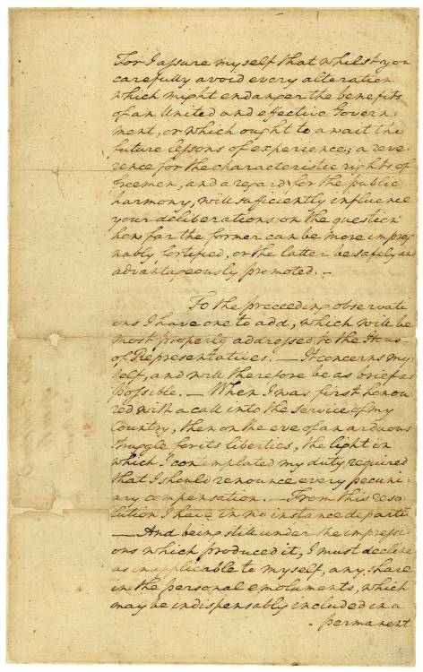 usnatarchives:
“  In honor of the 2013 Inauguration, the first and last page of Washington’s first Inaugural Address are on display at the National Archives until January 31.
Unseasonably cold and snowy weather delayed the first Presidential...