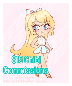 siliciaaa: siliciaaa:  I’m opening up Chibi Commissions while I stay in CA for a few more weeks!  Chibi will come with a simple colored BG, complex characters will be simplified.  Please send an email to  siliciaaa@gmail.com if you are interested! 