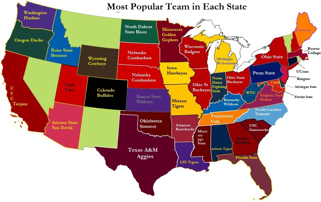 Most popular college football team in each US... Maps on the Web