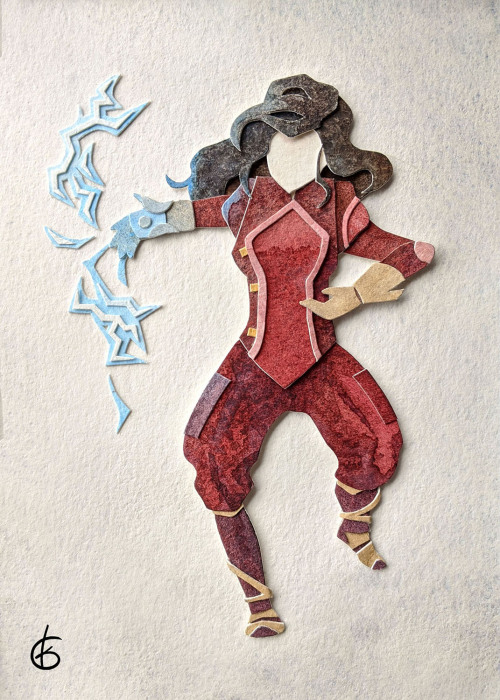 Korra, Bolin, Mako, AsamiLegend of Korra commission for @dinosauriaawesomewatercolor, papercut5″x7″W