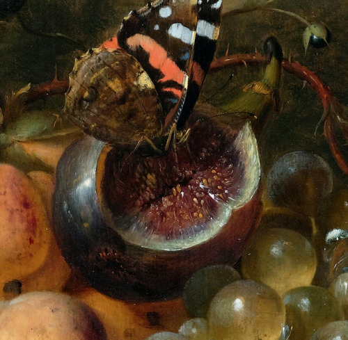 Jan Mortel, still life with apricots, grapes, fig and butterfly, 1693. Koller Auctions
