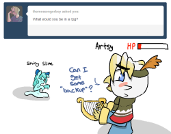askshinytheslime:  ask-hiimine:  +Battle Ready Healer I’m not really that good at “Role Playing” am I Artsy?   high res Shiny: You hit me like infinite times! Shiny: Humm… i didn’t been in that form quite long time… :V ((Dude i love that animation