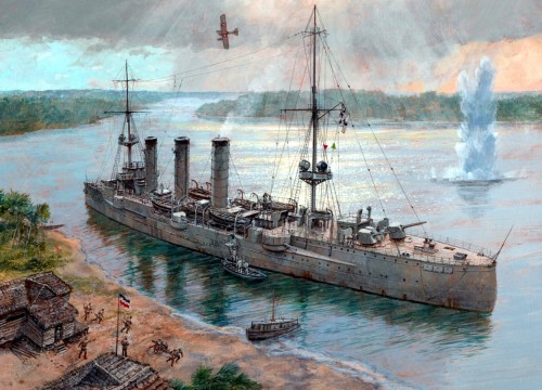 enrique262:  pinturasdeguerra-acorazados:  1915 SMS Königsberg en el delta del Rufiji - Paul Wright     SMS Königsberg in the delta of the Rufiji. 